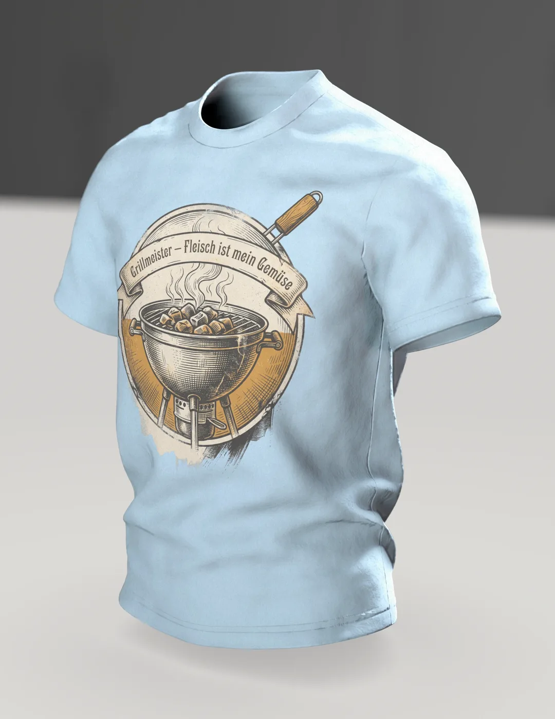Kugelgrill T-Shirt "Grillmeister, Fleisch ist mein Gemüse", Vintage BBQ Emblem, Im Raum, schräg