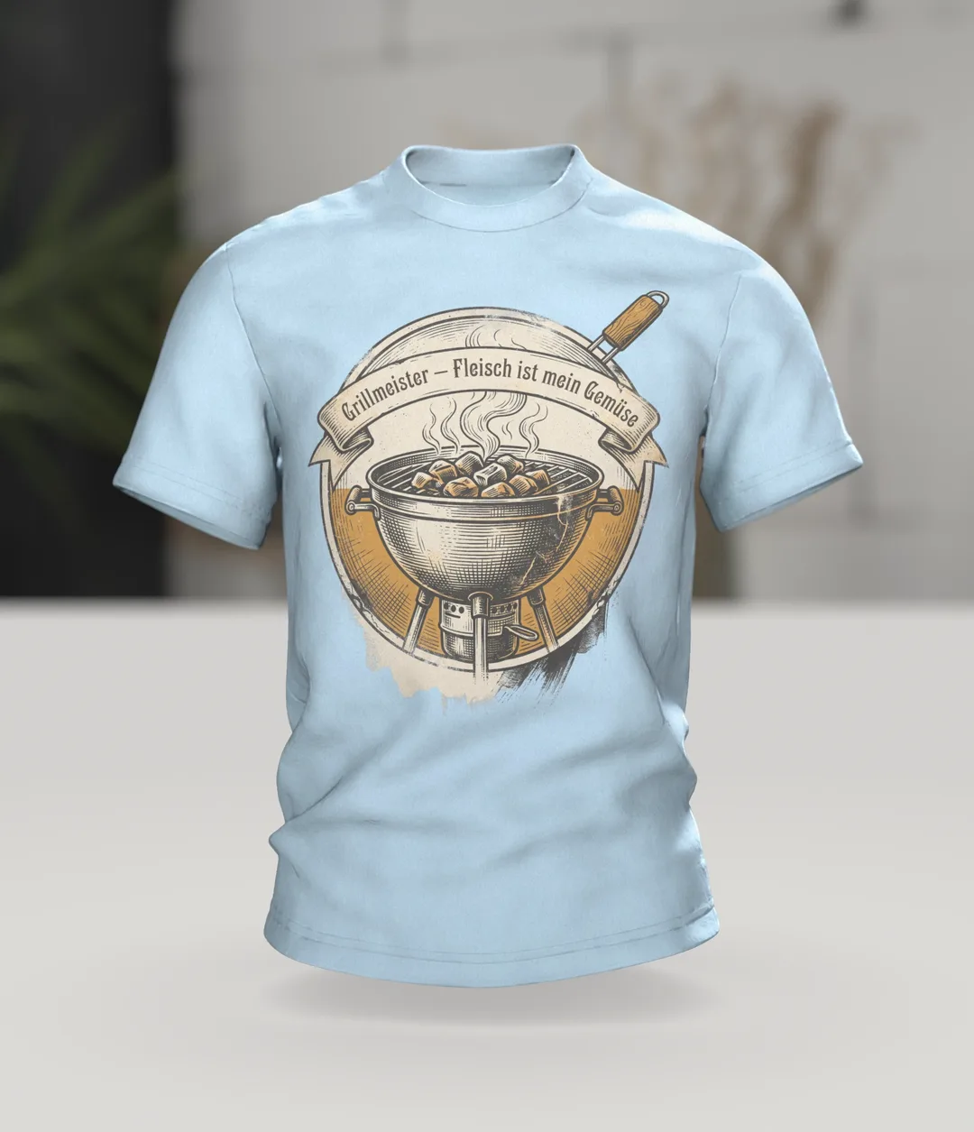Kugelgrill T-Shirt "Grillmeister, Fleisch ist mein Gemüse", Vintage BBQ Emblem, Im Raum