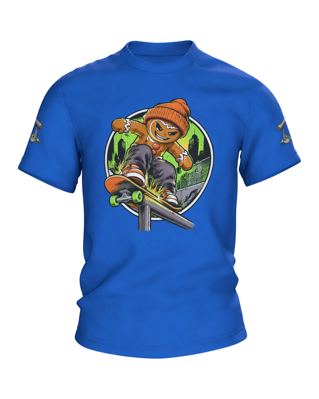 Gingerbread Man Skater Shirt, Cool Comic with Beanie and Skateboard, Rail Grind in Front of a Neon Skyline, Unisex Christmas Gift