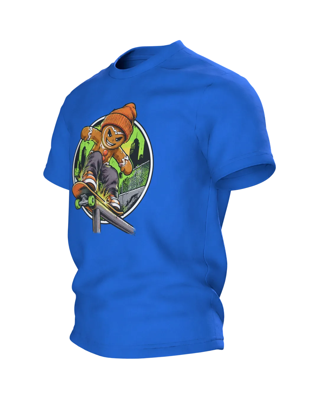 Lebkuchenmann Skater T-Shirt, cooler Comic mit Beanie und Skateboard, Grind vor Neon-Skyline, Unisex Geschenk zu Weihnachten, Seitenansicht rechts
