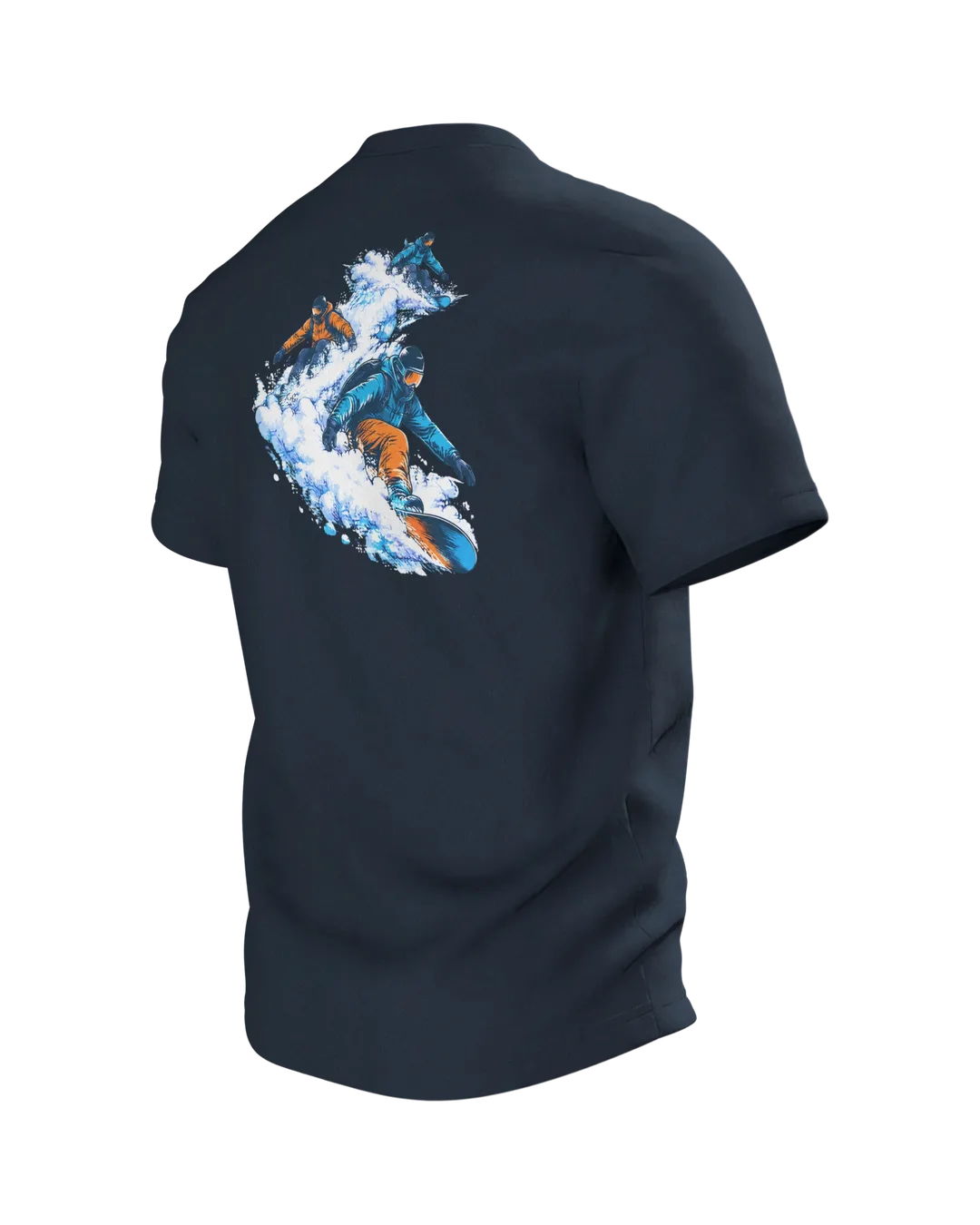 Snowboarder Shirt: Sprung über den Gipfel, Rückseite schräg links