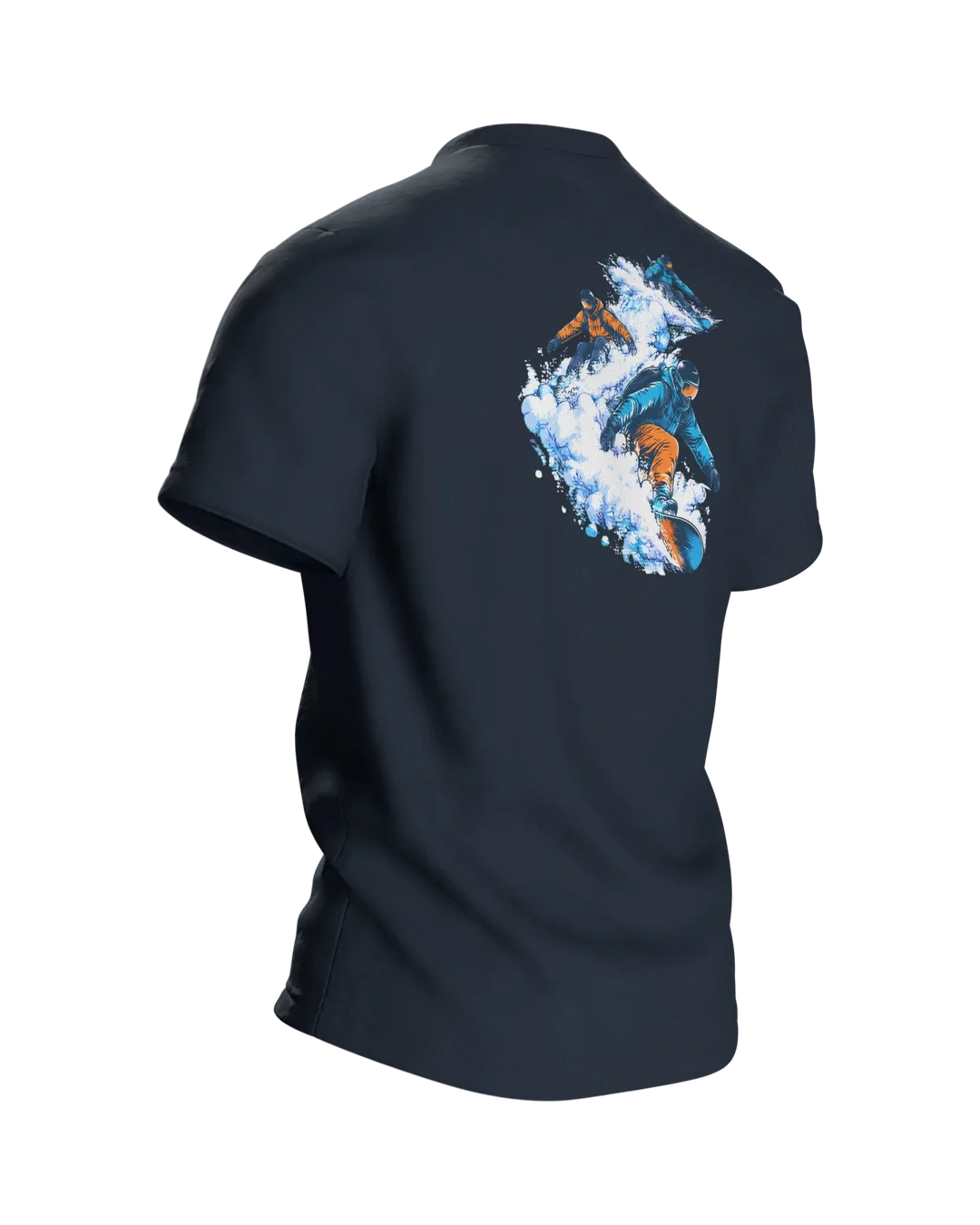 Snowboarder Shirt: Sprung über den Gipfel, Rückseite schräg rechts