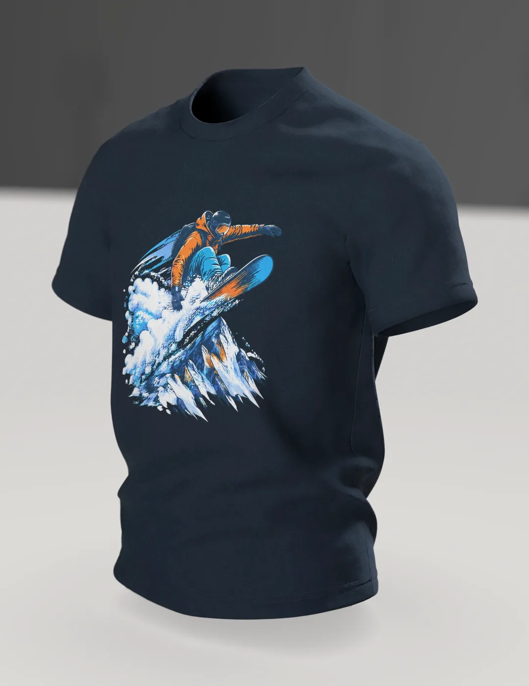 Snowboarder Shirt: Sprung über den Gipfel, Im Raum, schräg