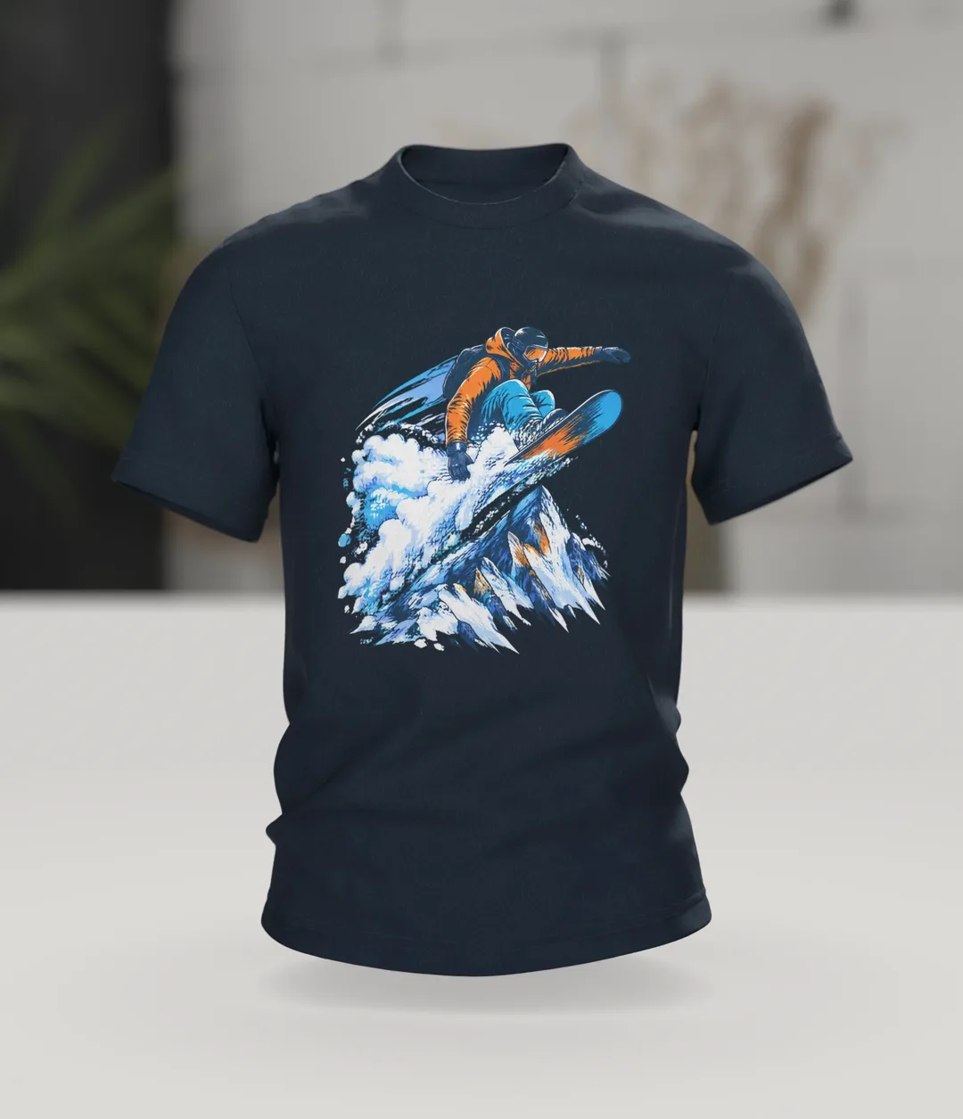 Snowboarder Shirt: Sprung über den Gipfel, Im Raum