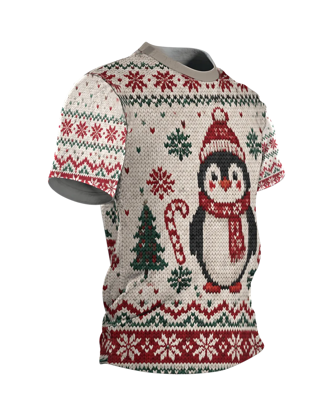 Pinguin Ugly Christmas T-Shirt in Norweger-Strickoptik, Seitenansicht links