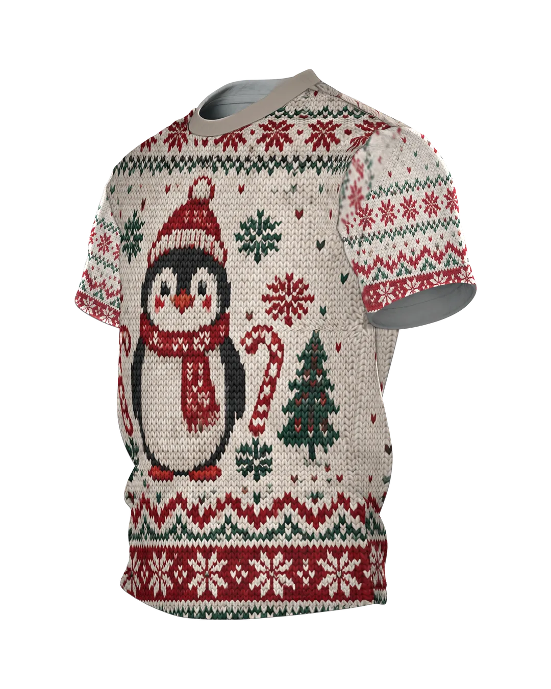 Pinguin Ugly Christmas T-Shirt in Norweger-Strickoptik, Seitenansicht rechts