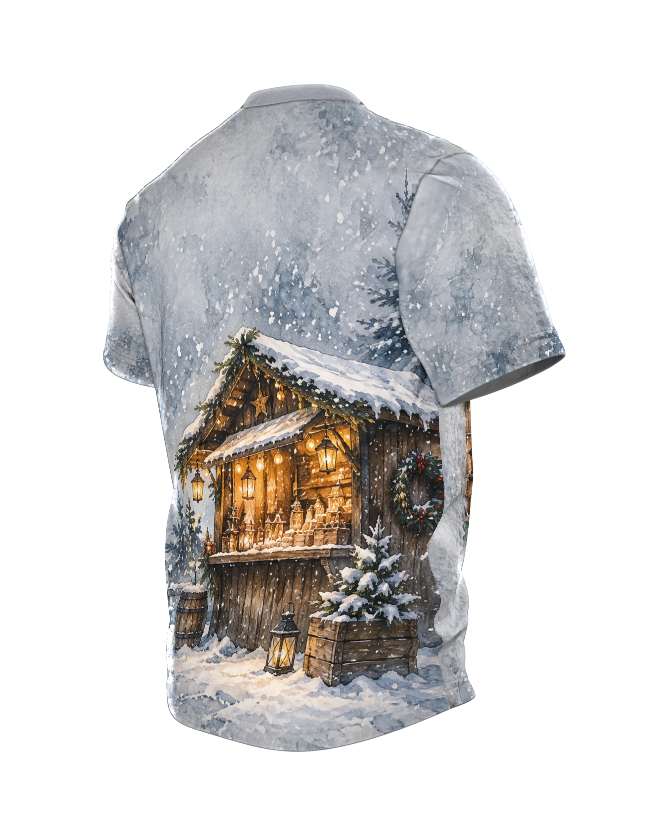 Weihnachtsmarkt T-Shirt: Fachwerkgasse im Lichterglanz, Rückseite schräg links