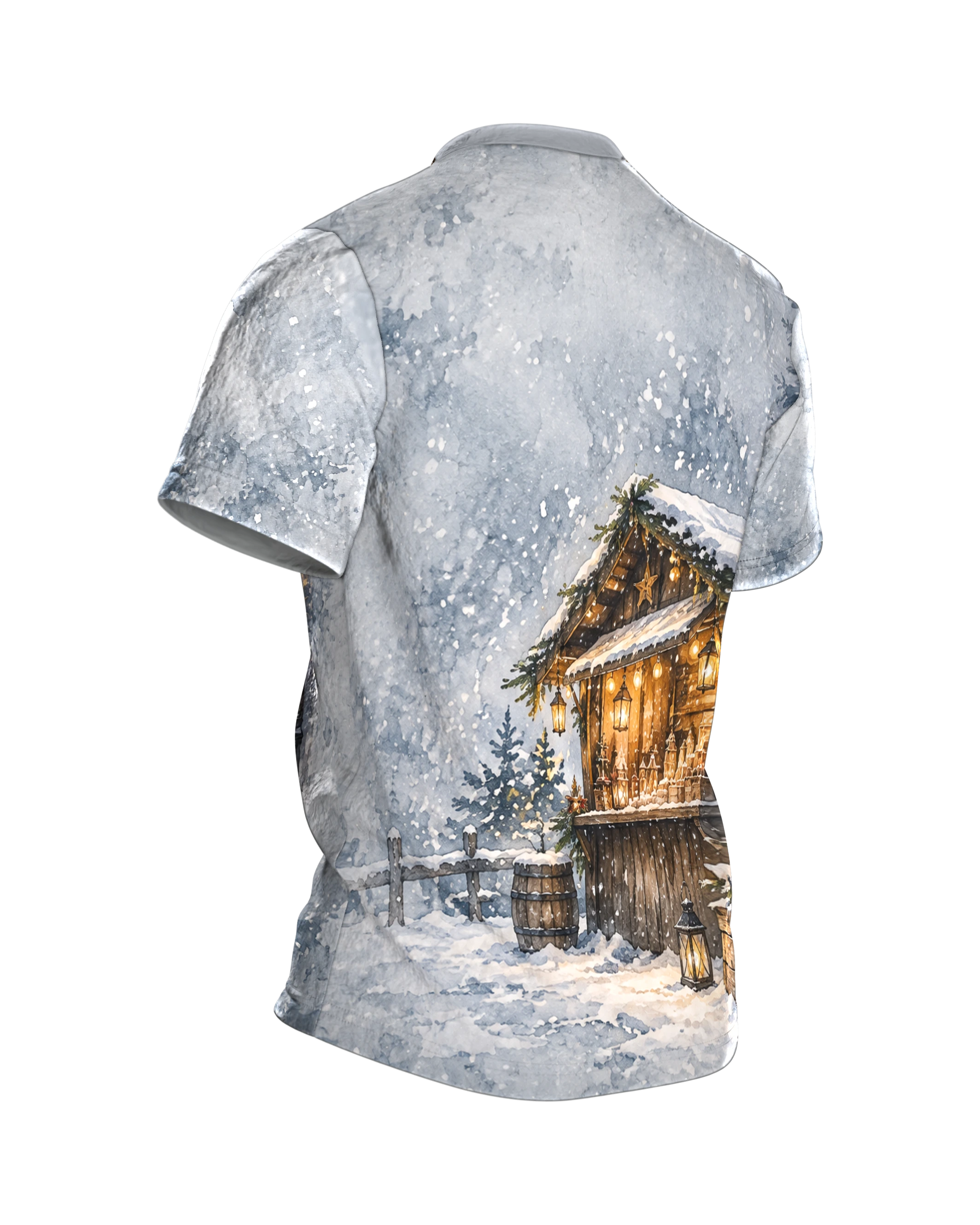 Weihnachtsmarkt T-Shirt: Fachwerkgasse im Lichterglanz, Rückseite schräg rechts