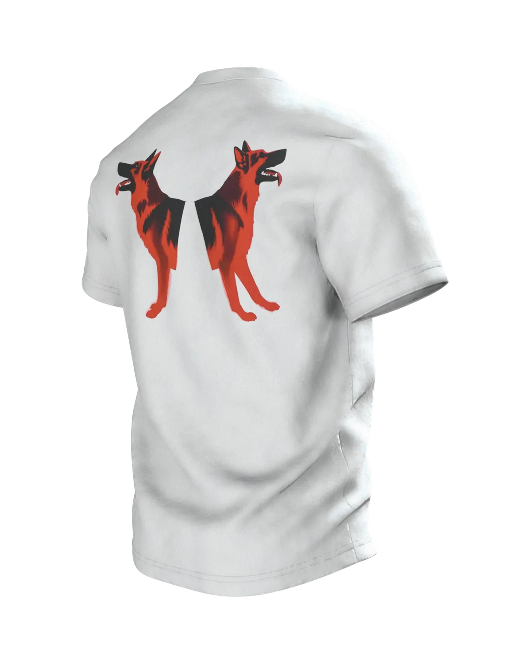 Schäferhund Stencil Art T-Shirt, Motiv in Rot und Schwarz, sitzende Vollfigur vorn, Doppel-Profil am Rücken, Rückseite schräg links