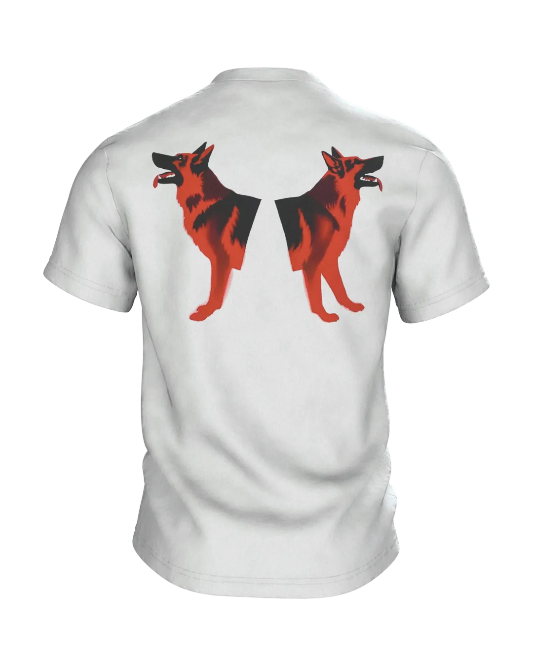 Schäferhund Stencil Art T-Shirt, Motiv in Rot und Schwarz, sitzende Vollfigur vorn, Doppel-Profil am Rücken, Rückseite