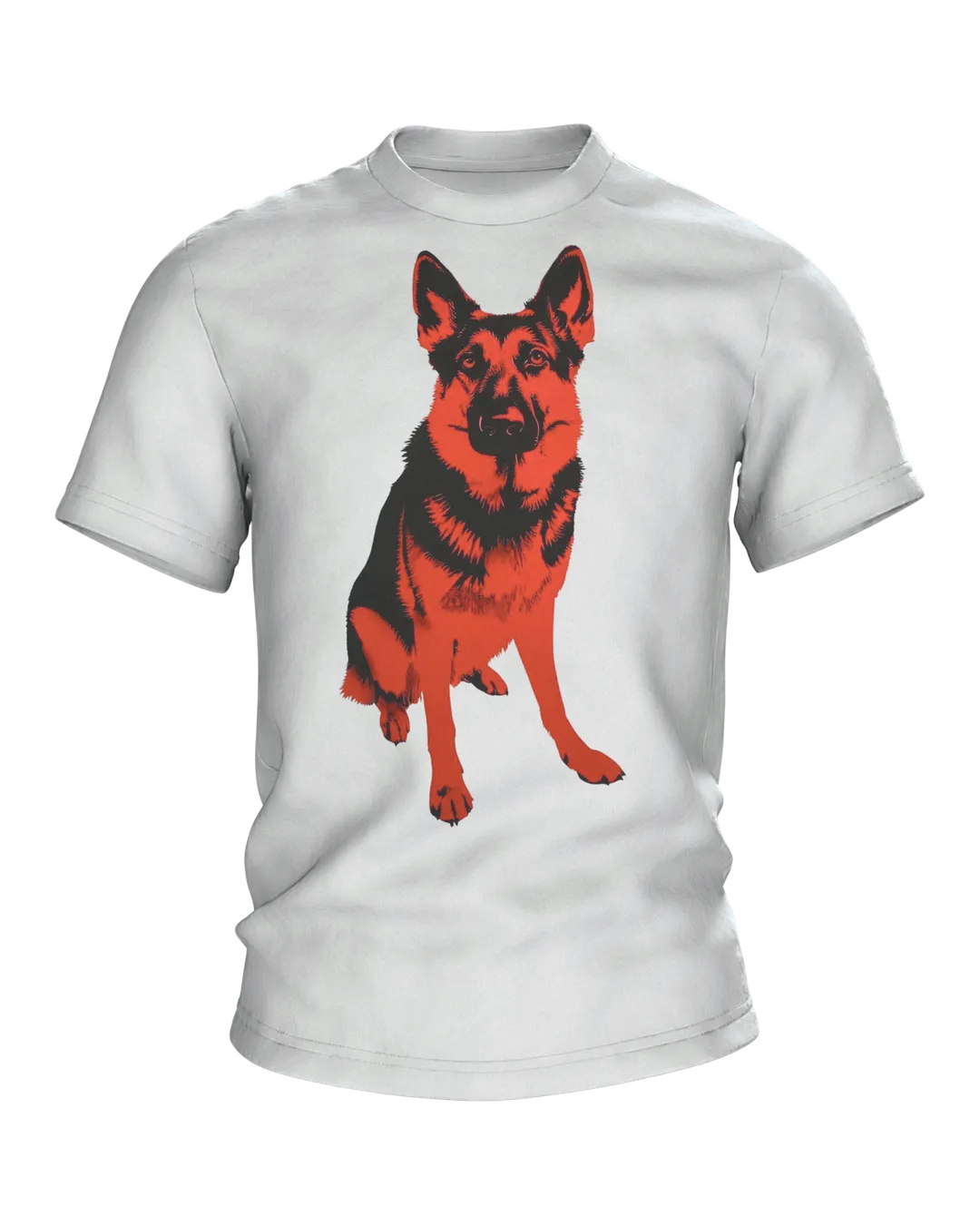 German Shepherd Stencil Art T-shirt, Motif in Red and Black, Seated Full Figure on the Front, Double Profile on the Back