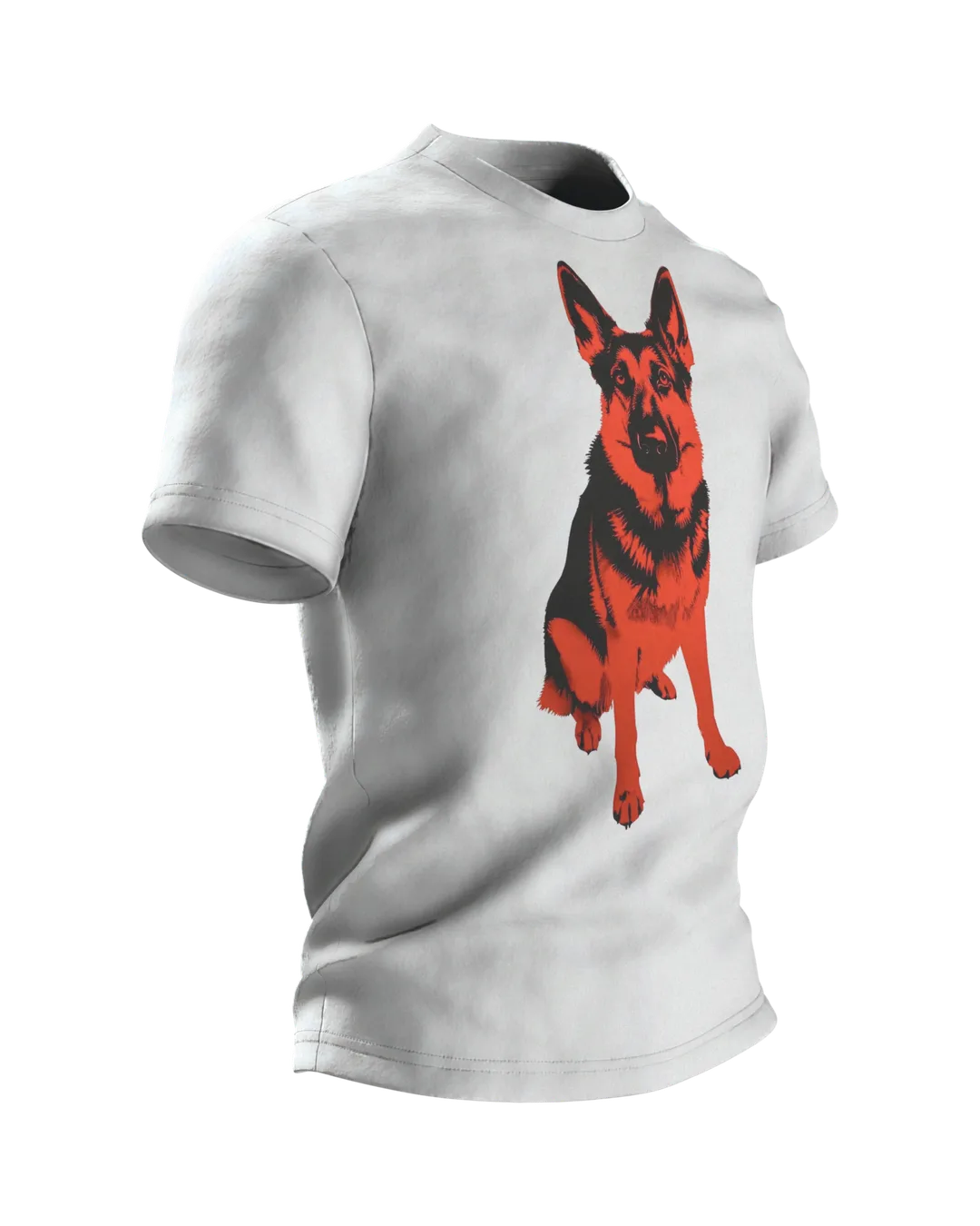 Schäferhund Stencil Art T-Shirt, Motiv in Rot und Schwarz, sitzende Vollfigur vorn, Doppel-Profil am Rücken, Seitenansicht links