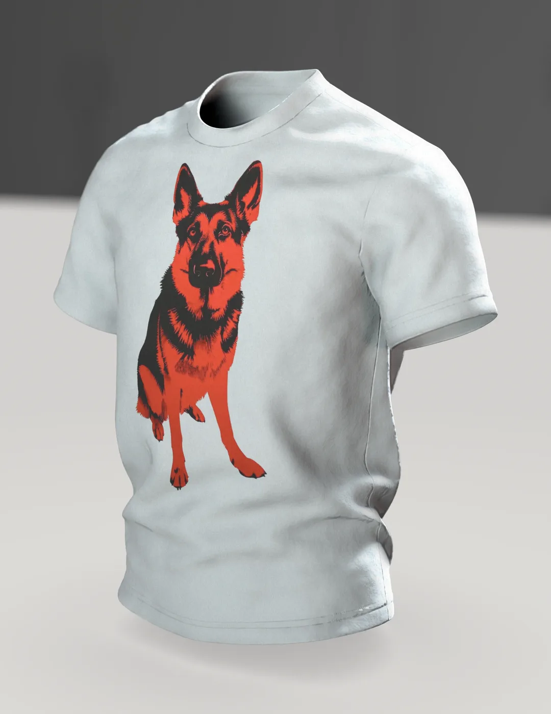 Schäferhund Stencil Art T-Shirt, Motiv in Rot und Schwarz, sitzende Vollfigur vorn, Doppel-Profil am Rücken, Im Raum, schräg