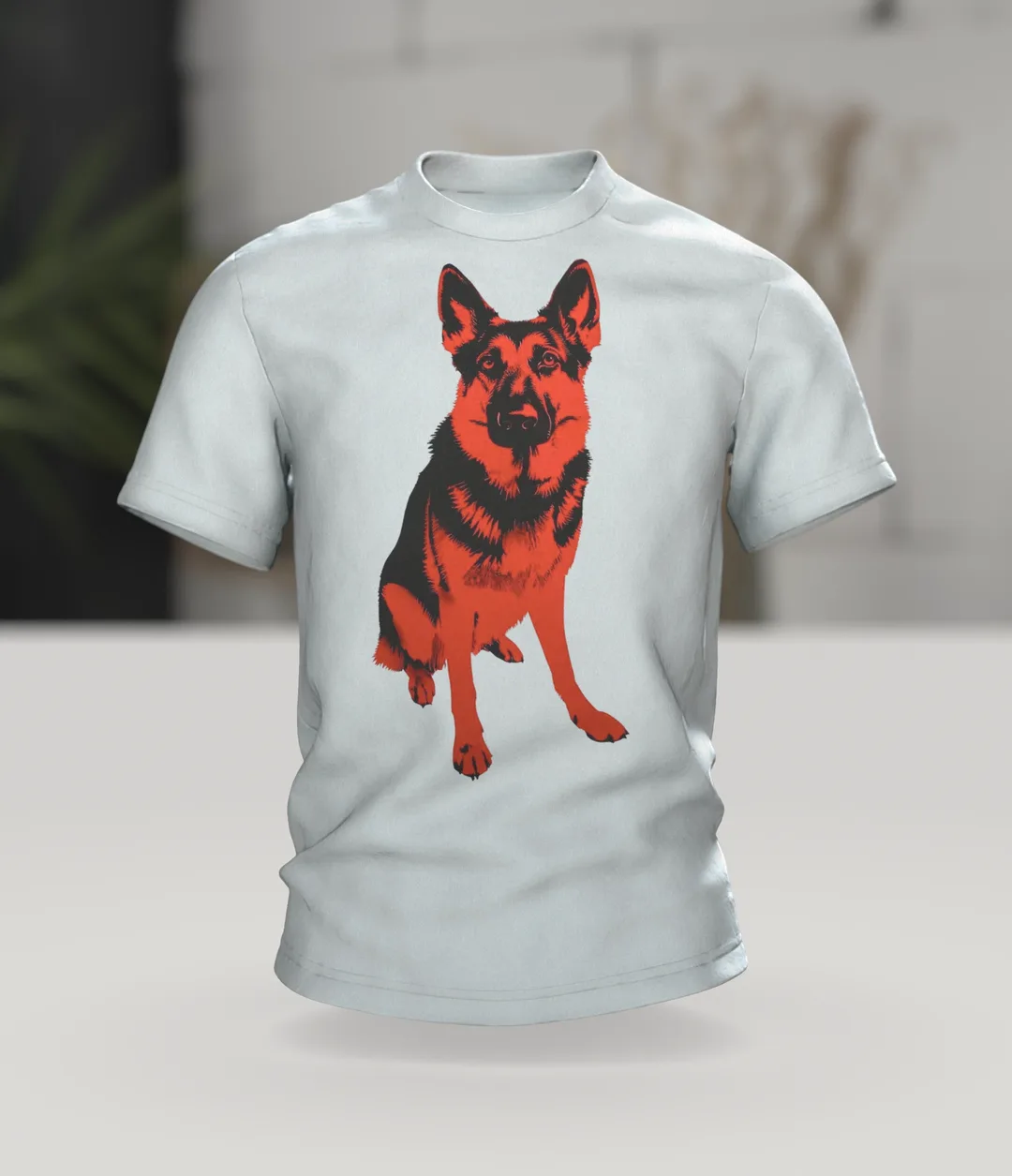 Schäferhund Stencil Art T-Shirt, Motiv in Rot und Schwarz, sitzende Vollfigur vorn, Doppel-Profil am Rücken, Im Raum