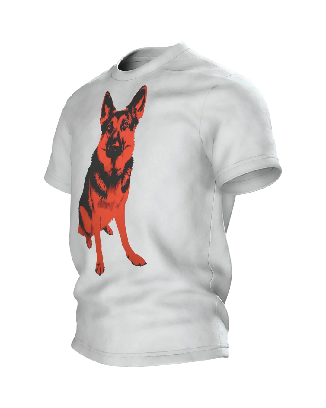 Schäferhund Stencil Art T-Shirt, Motiv in Rot und Schwarz, sitzende Vollfigur vorn, Doppel-Profil am Rücken, Seitenansicht rechts