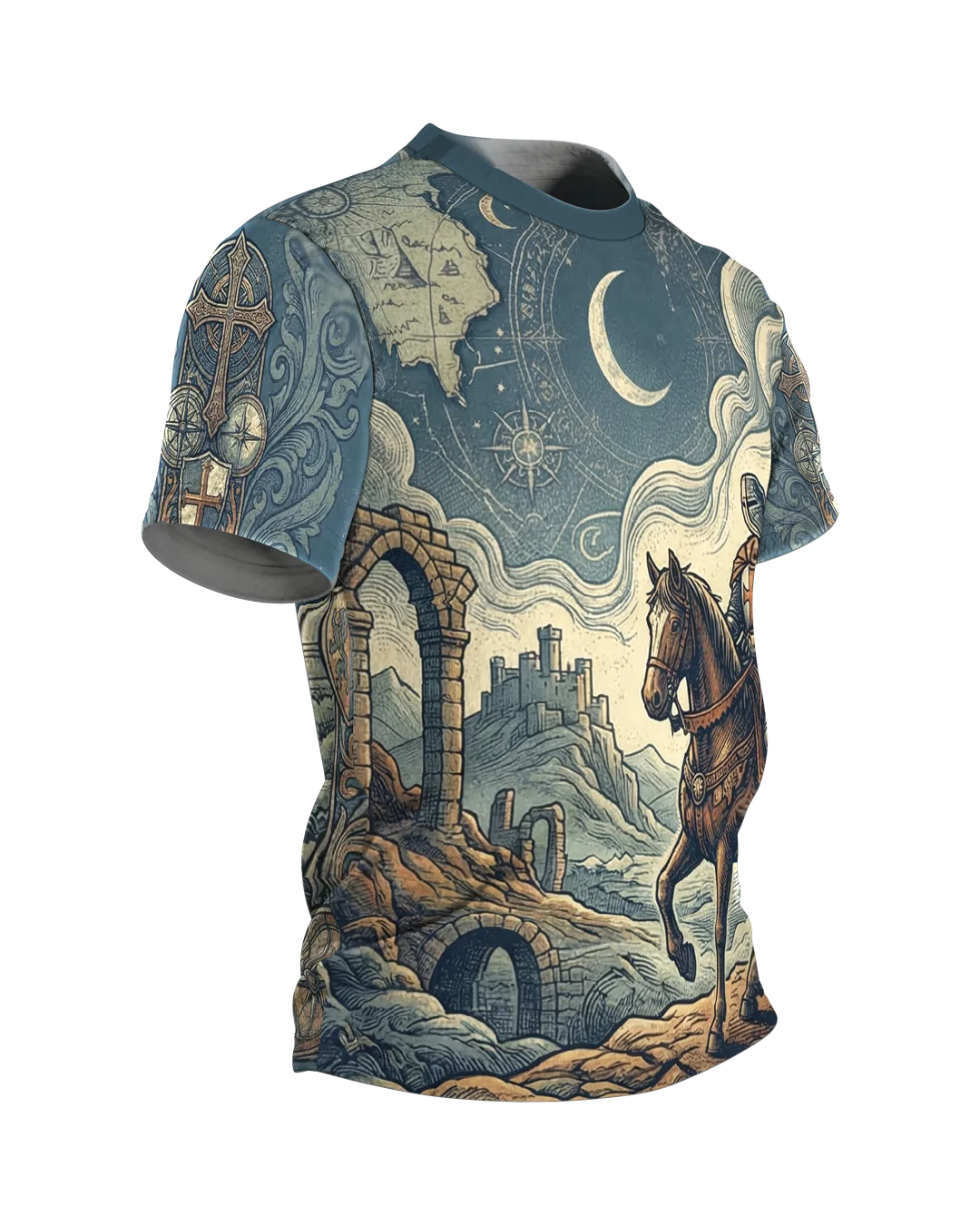 Knight on Horseback T-shirt: Templar Ride Through a World of Maps, Side view, left