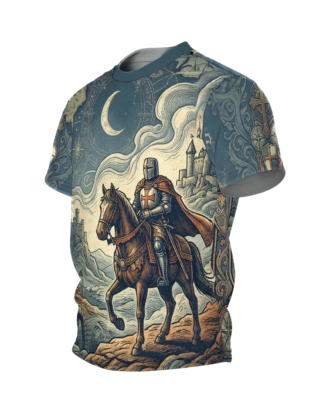 Knight on Horseback T-shirt: Templar Ride Through a World of Maps, Side view, right