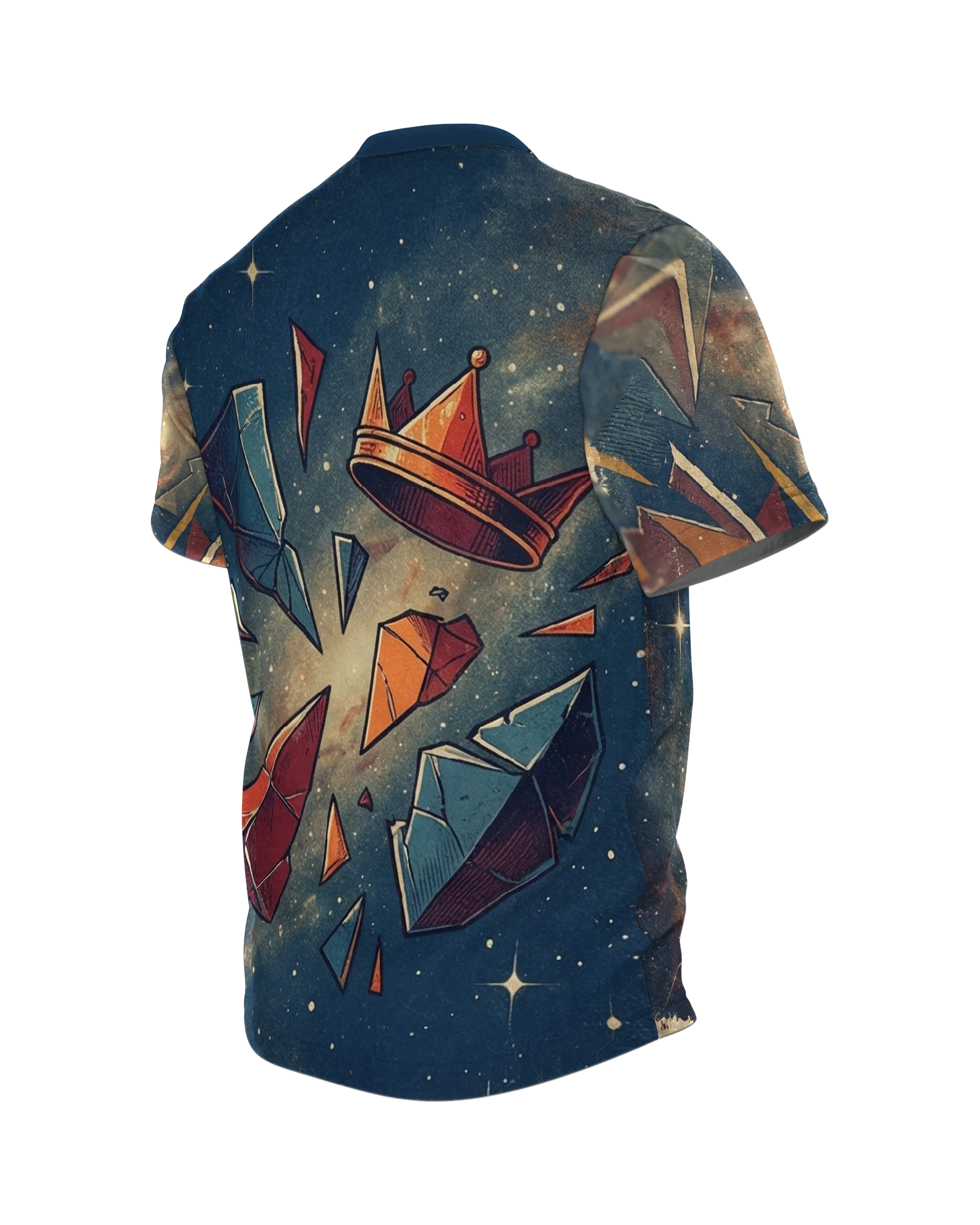 Cosmic Crusader T-shirt: Helm and Crown in a Star Nebula, Back, angled left