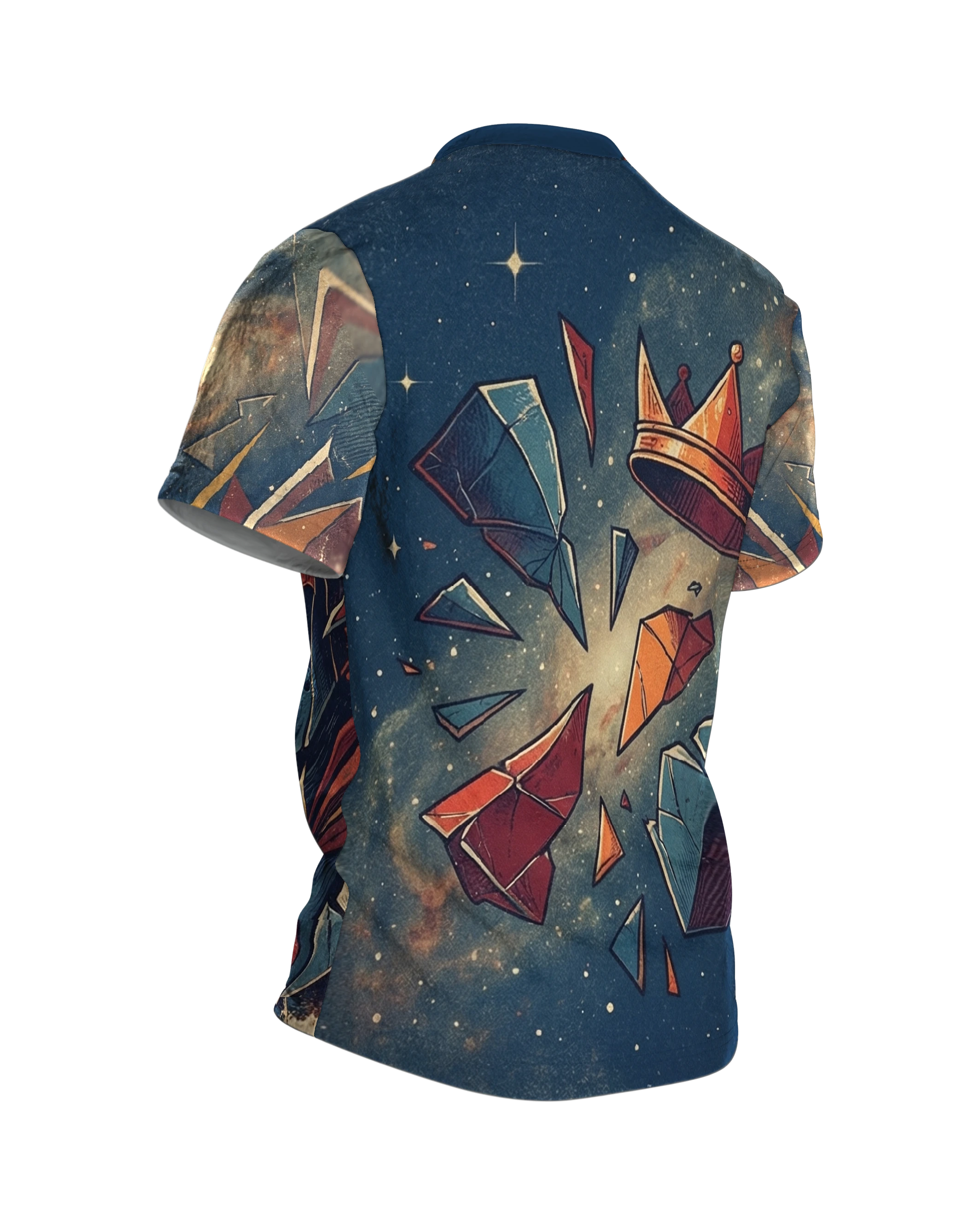 Cosmic Crusader T-shirt: Helm and Crown in a Star Nebula, Back, angled right