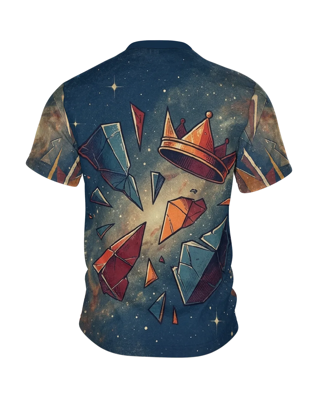 Cosmic Crusader T-shirt: Helm and Crown in a Star Nebula, Back