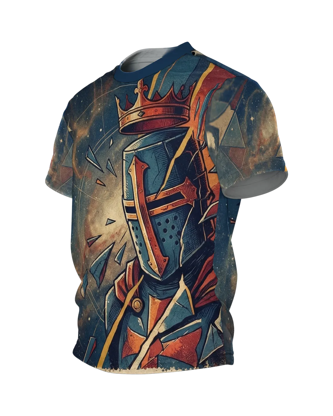 Cosmic Crusader T-shirt: Helm and Crown in a Star Nebula, Side view, right