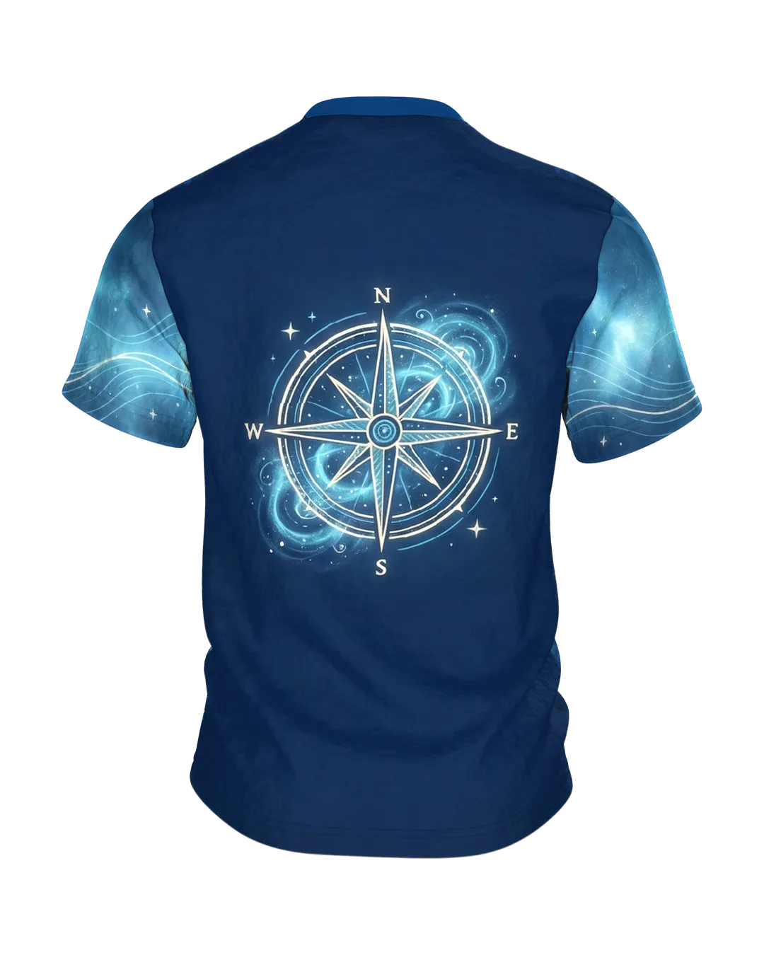 Neon Road Bike T-shirt, front wheel as an astrolabe with stars, compass rose on the back, set on navy blue, Back