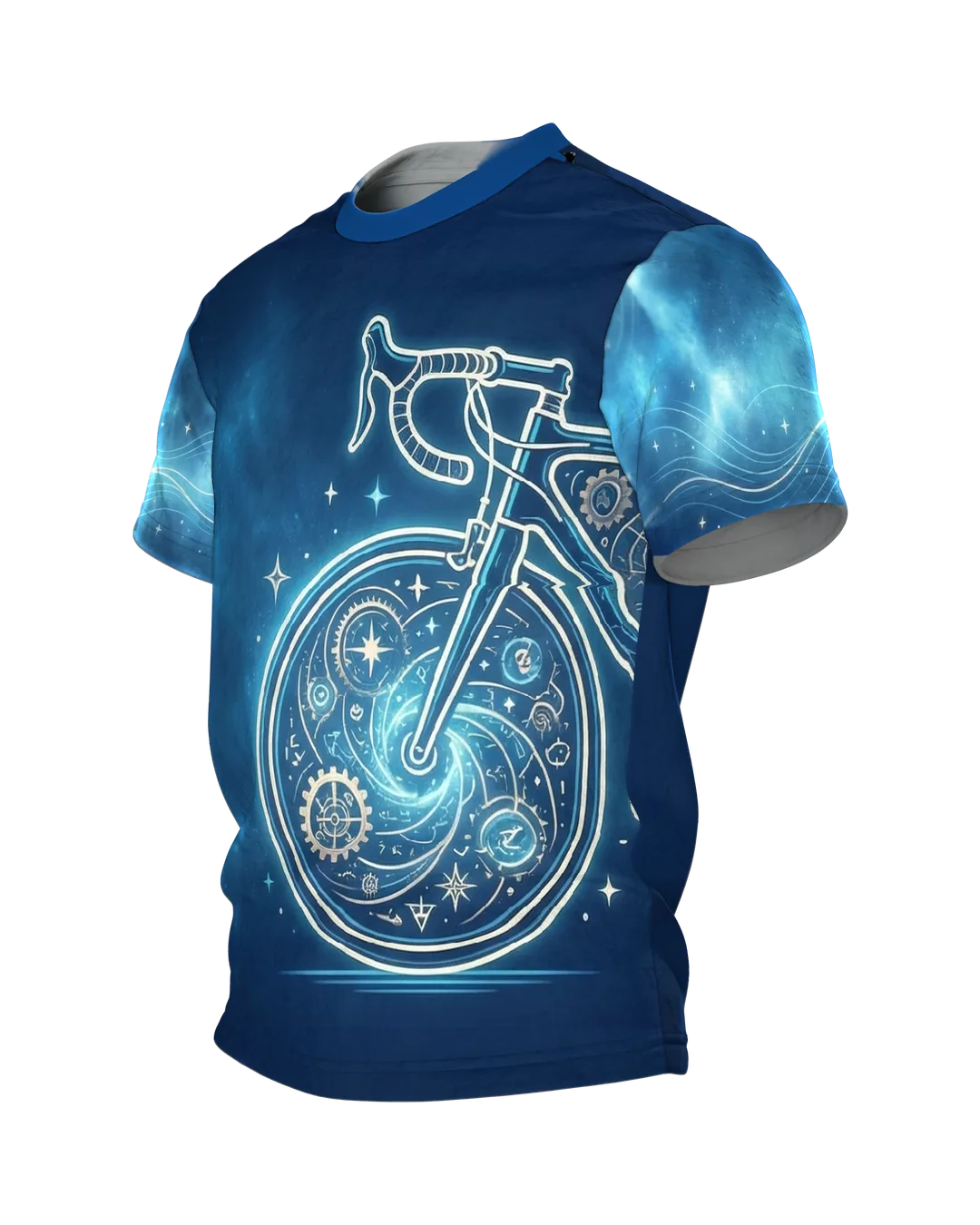Neon Road Bike T-shirt, front wheel as an astrolabe with stars, compass rose on the back, set on navy blue, Side view, right