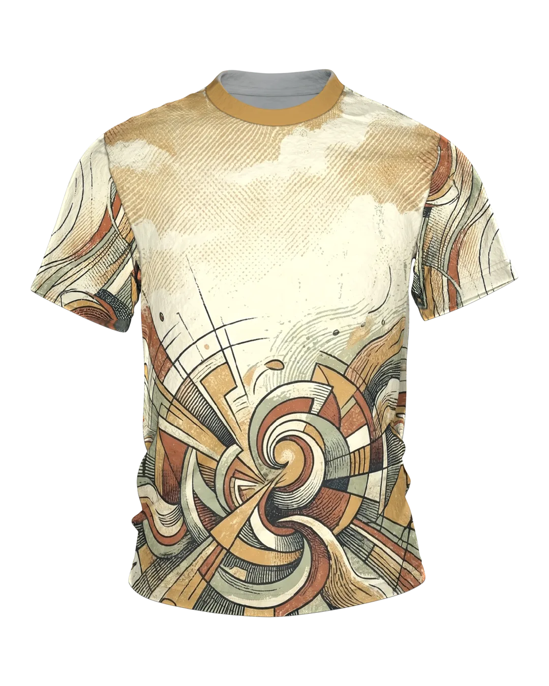 Retro Spiral T-shirt, double swirl and wave bands in a 70s screen print look across front and back