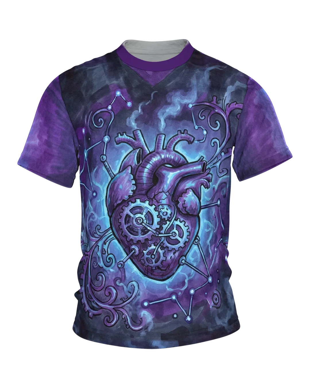 Steampunk Heart T-shirt, Gear Heart with Constellations and Airship in Violet
