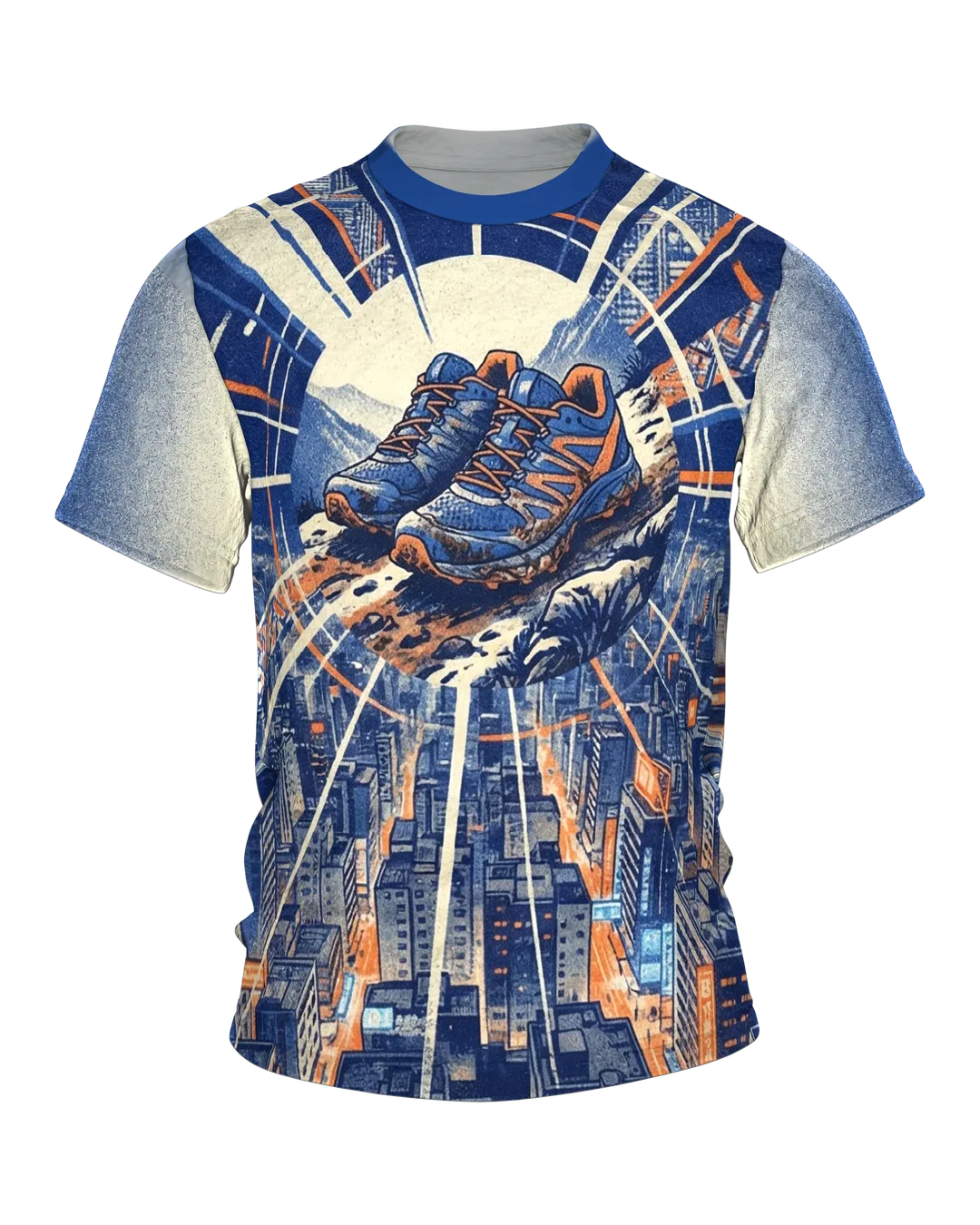 Running Shoe T-shirt, Trail Shoes above the City with a Ridge Path Panorama on the Back