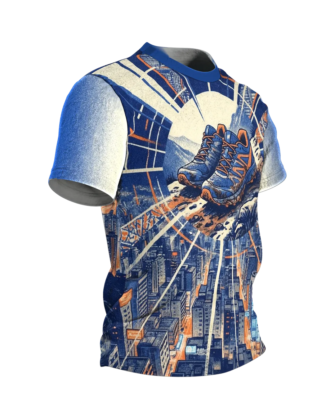 Laufschuh T-Shirt, Trail-Schuhe über der Stadt mit Gratpfad-Panorama am Rücken, Seitenansicht links