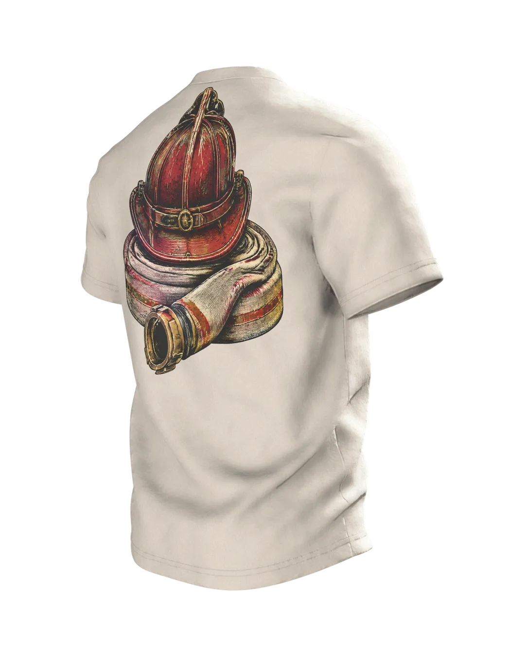 Feuerwehr Vintage-Emblem T-Shirt mit Helm, Axt, Strahlrohr und Lorbeerkranz, Rückseite schräg links