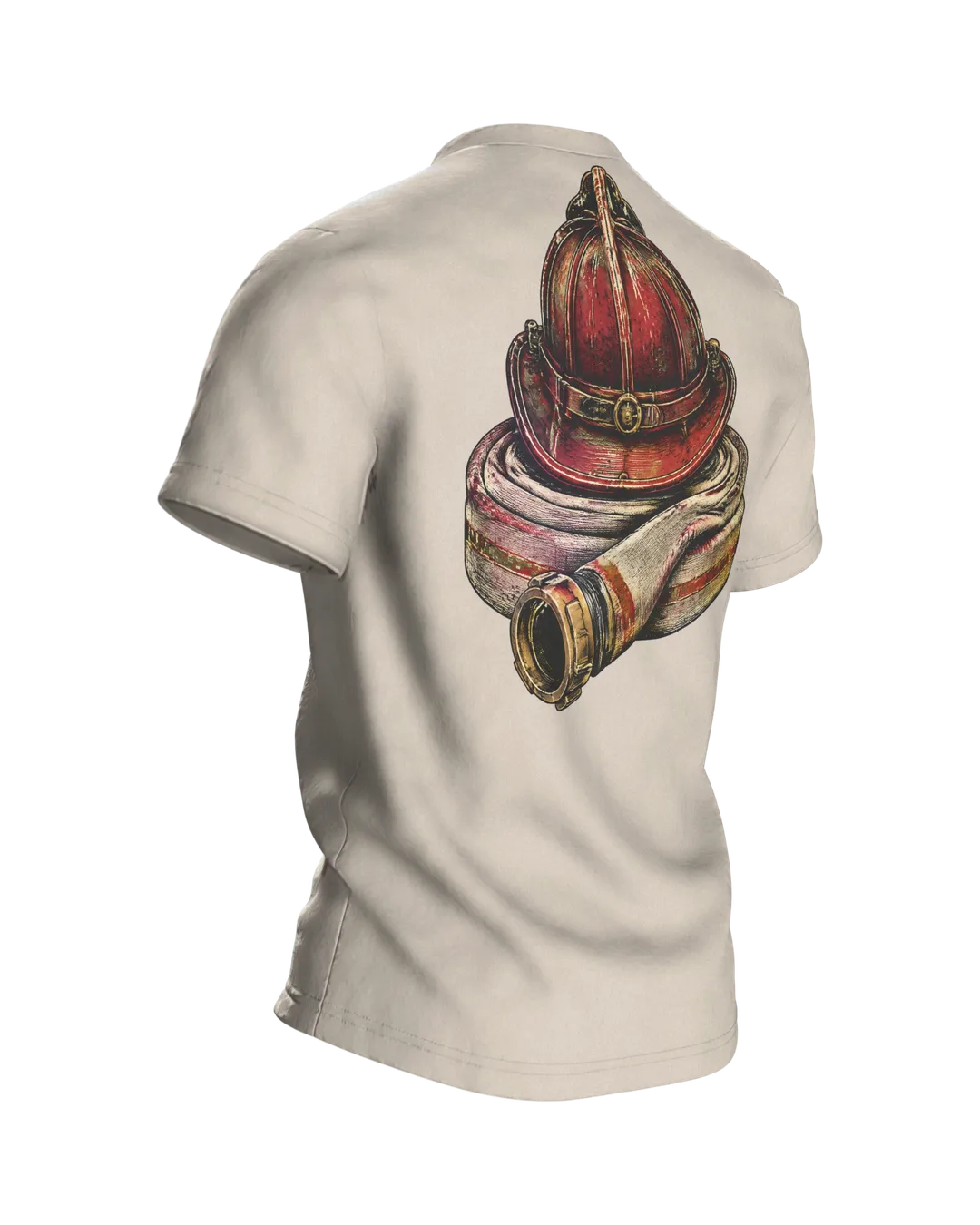 Feuerwehr Vintage-Emblem T-Shirt mit Helm, Axt, Strahlrohr und Lorbeerkranz, Rückseite schräg rechts