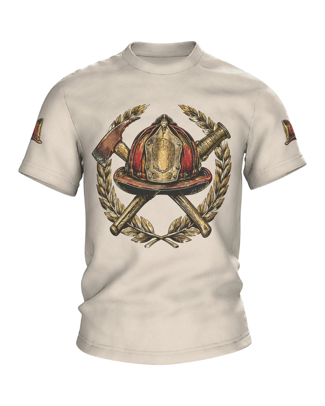 Vintage Firefighter Emblem T-Shirt with Helmet, Axe, Nozzle and Laurel Wreath
