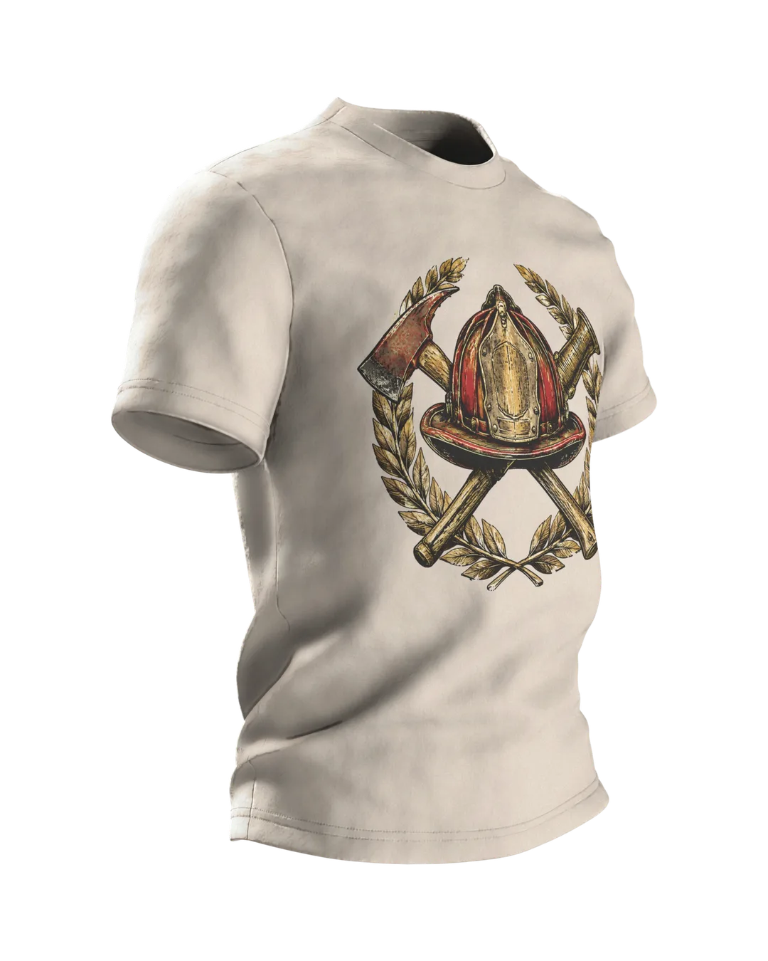 Vintage Firefighter Emblem T-Shirt with Helmet, Axe, Nozzle and Laurel Wreath, Side view, left