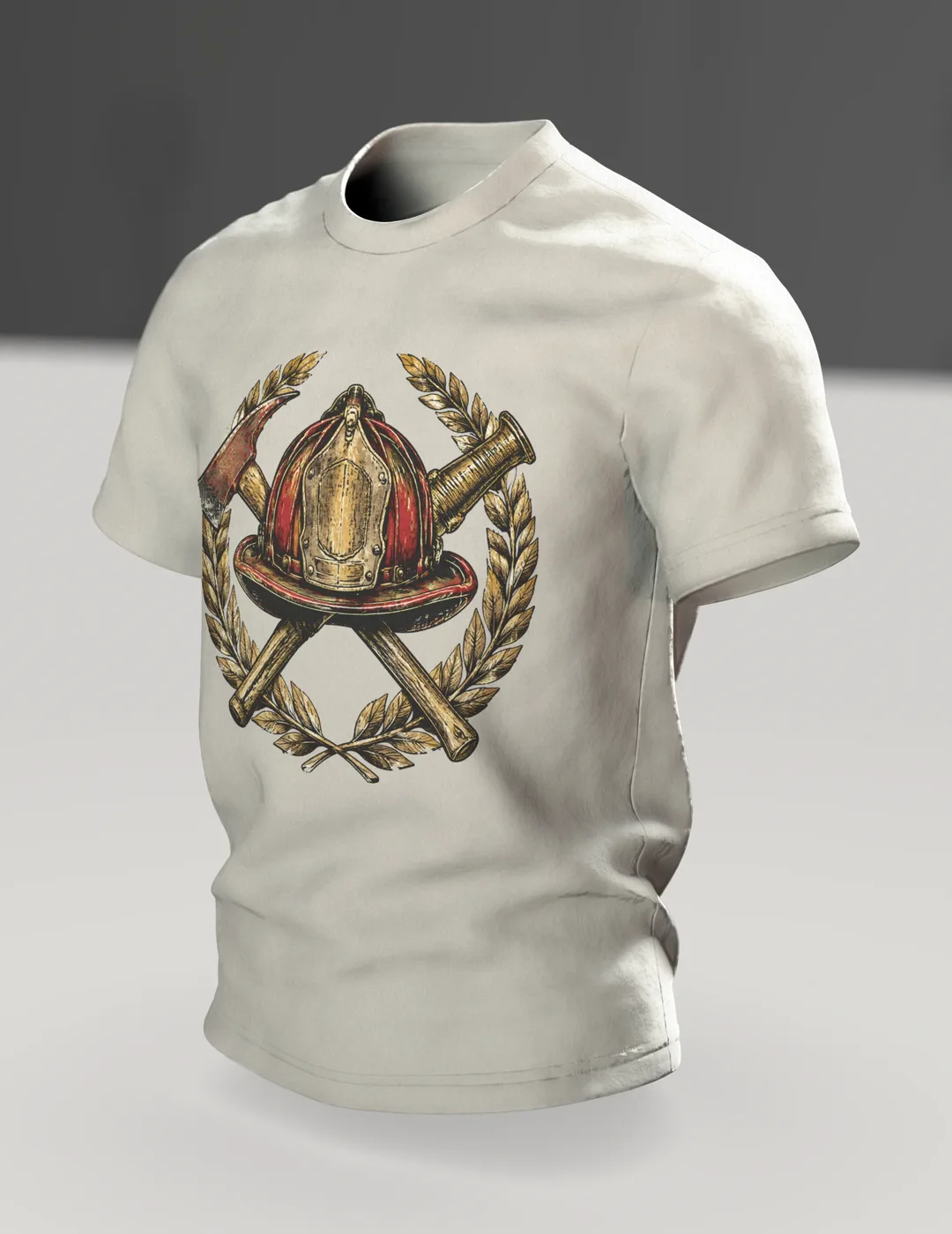 Vintage Firefighter Emblem T-Shirt with Helmet, Axe, Nozzle and Laurel Wreath, In context, angled