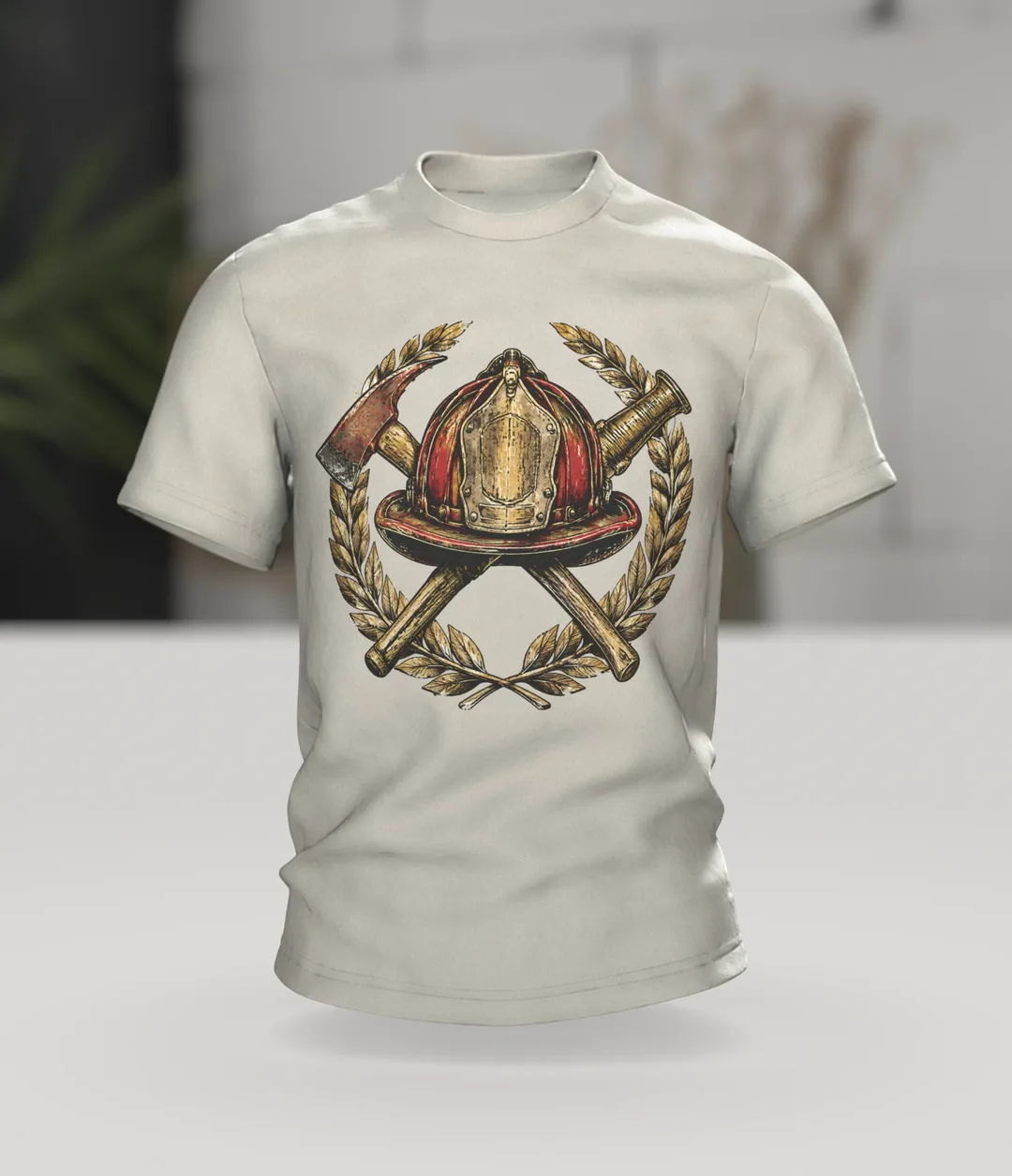 Vintage Firefighter Emblem T-Shirt with Helmet, Axe, Nozzle and Laurel Wreath, In context