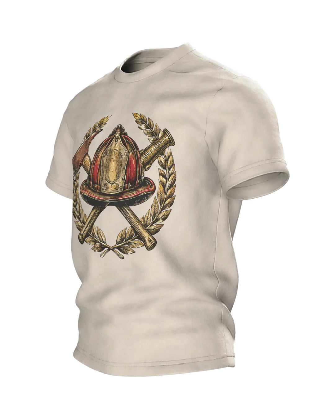 Vintage Firefighter Emblem T-Shirt with Helmet, Axe, Nozzle and Laurel Wreath, Side view, right