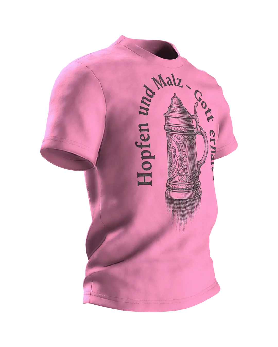 Beer Stein T-shirt "Hopfen und Malz, Gott erhalt's": Lidded Stein in Engraving Style, Sheaf of Grain on the Back, Side view, left