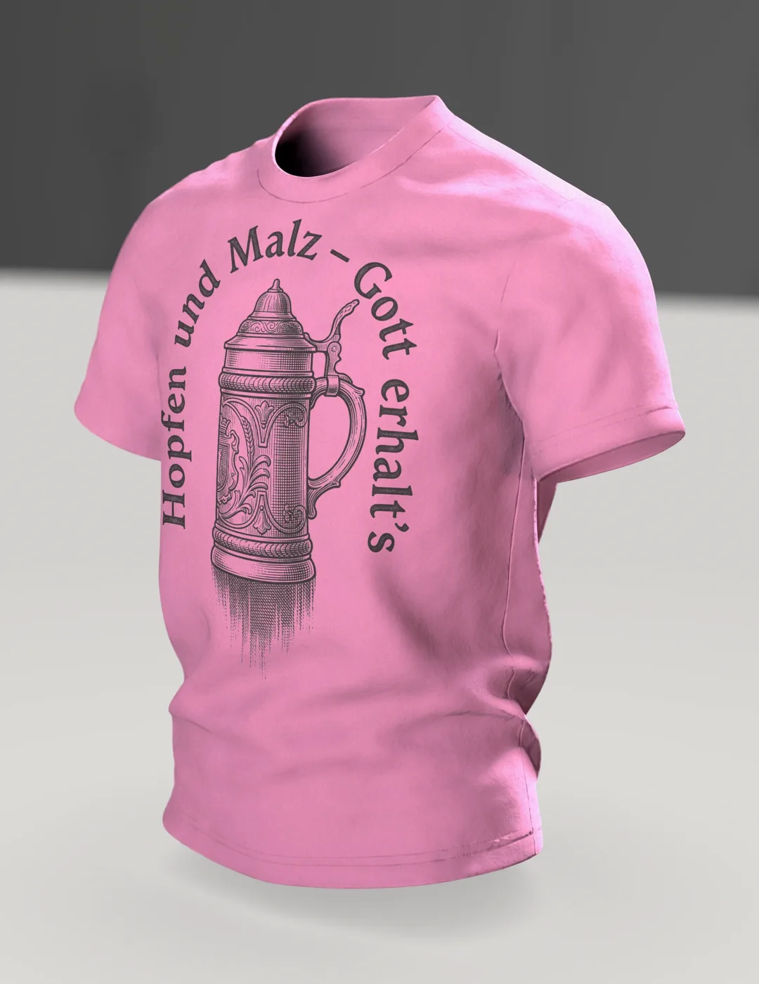 Beer Stein T-shirt "Hopfen und Malz, Gott erhalt's": Lidded Stein in Engraving Style, Sheaf of Grain on the Back, In context, angled