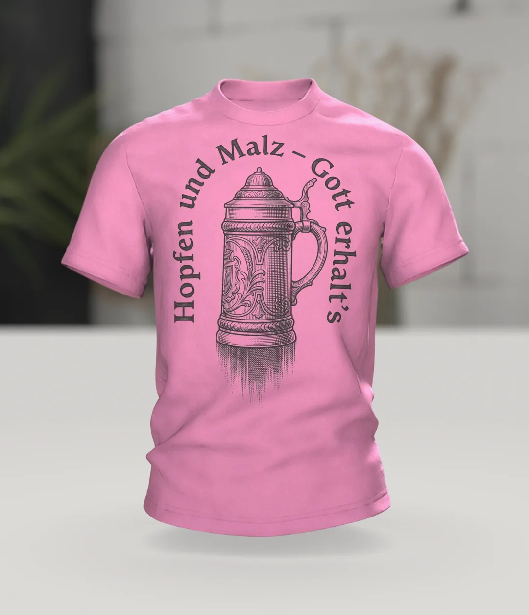 Beer Stein T-shirt "Hopfen und Malz, Gott erhalt's": Lidded Stein in Engraving Style, Sheaf of Grain on the Back, In context