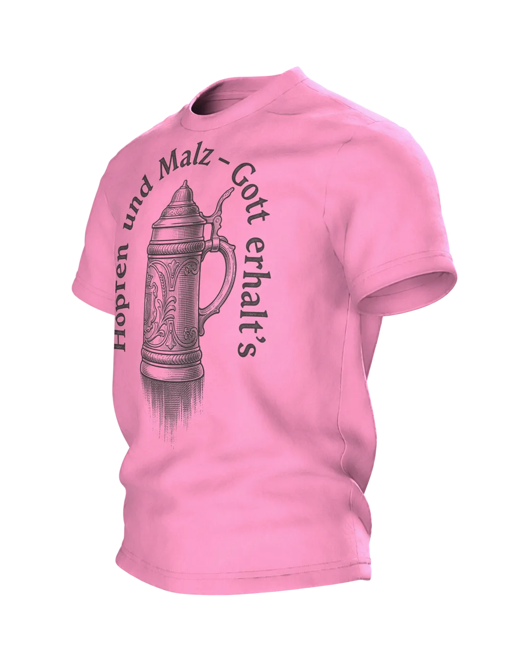 Beer Stein T-shirt "Hopfen und Malz, Gott erhalt's": Lidded Stein in Engraving Style, Sheaf of Grain on the Back, Side view, right