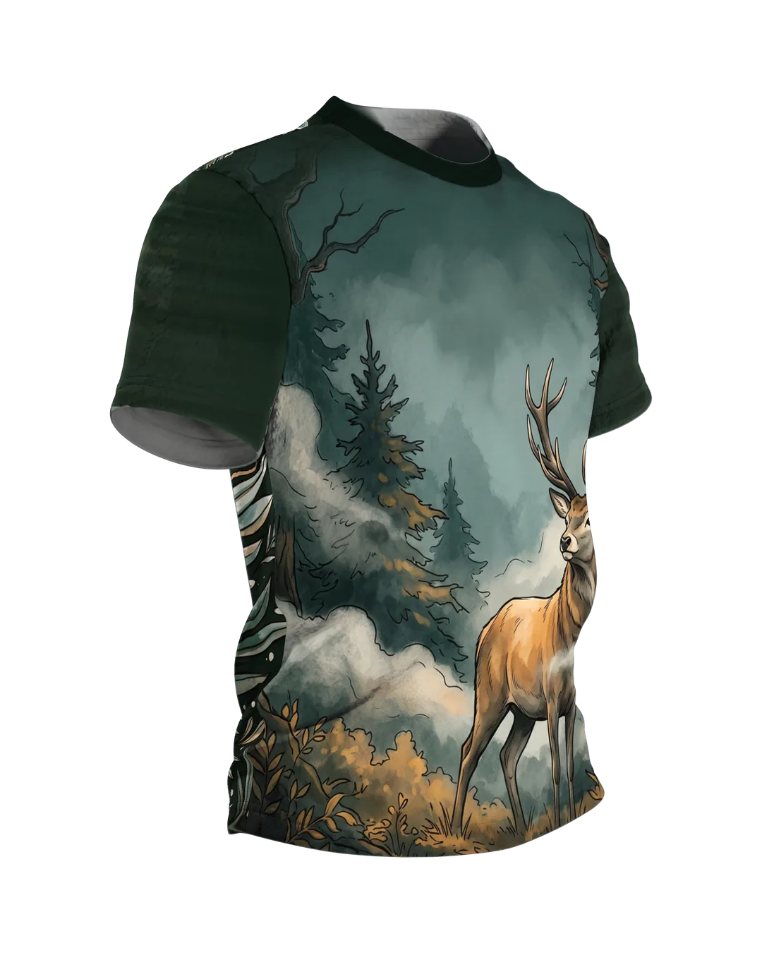 Jäger Shirt Rundum: Rothirsch im Nebelwald, Seitenansicht links