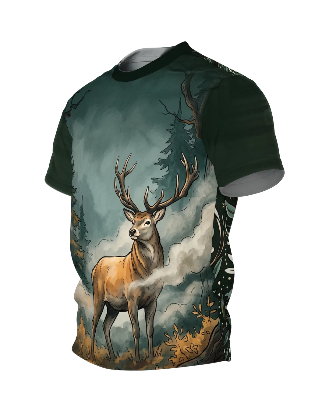 Jäger Shirt Rundum: Rothirsch im Nebelwald, Seitenansicht rechts