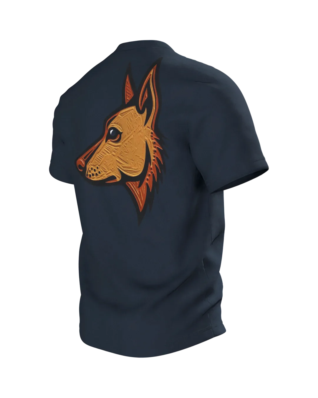 Schäferhund Linolschnitt T-Shirt, Terrakotta-Porträt vorn, Emblem in Gold am Rücken, Rückseite schräg links