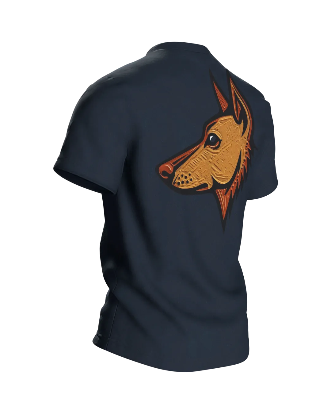 Schäferhund Linolschnitt T-Shirt, Terrakotta-Porträt vorn, Emblem in Gold am Rücken, Rückseite schräg rechts