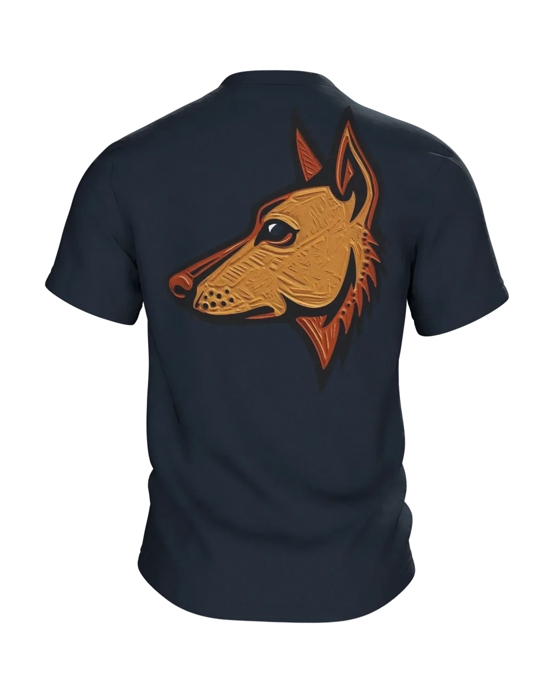 Schäferhund Linolschnitt T-Shirt, Terrakotta-Porträt vorn, Emblem in Gold am Rücken, Rückseite