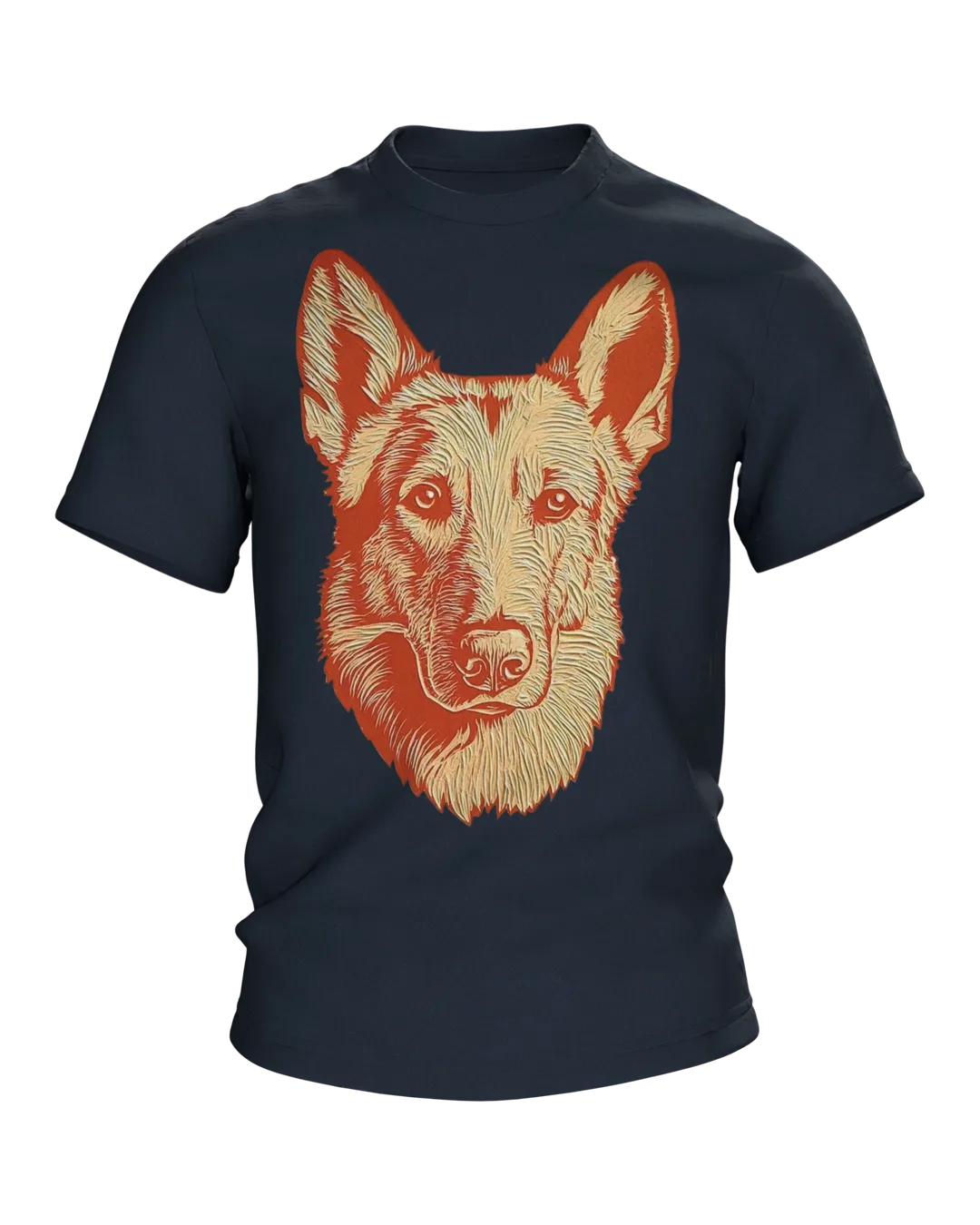 German Shepherd Linocut T-shirt, Terracotta Portrait on the Front, Gold Emblem on the Back