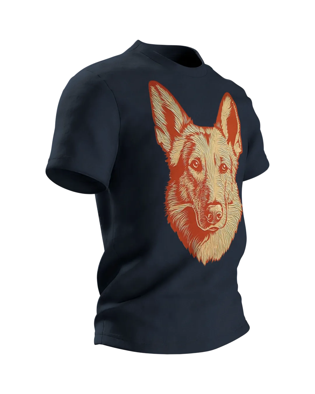 Schäferhund Linolschnitt T-Shirt, Terrakotta-Porträt vorn, Emblem in Gold am Rücken, Seitenansicht links