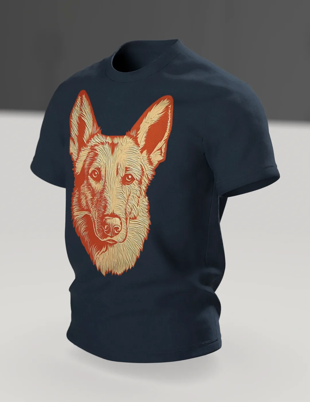 Schäferhund Linolschnitt T-Shirt, Terrakotta-Porträt vorn, Emblem in Gold am Rücken, Im Raum, schräg